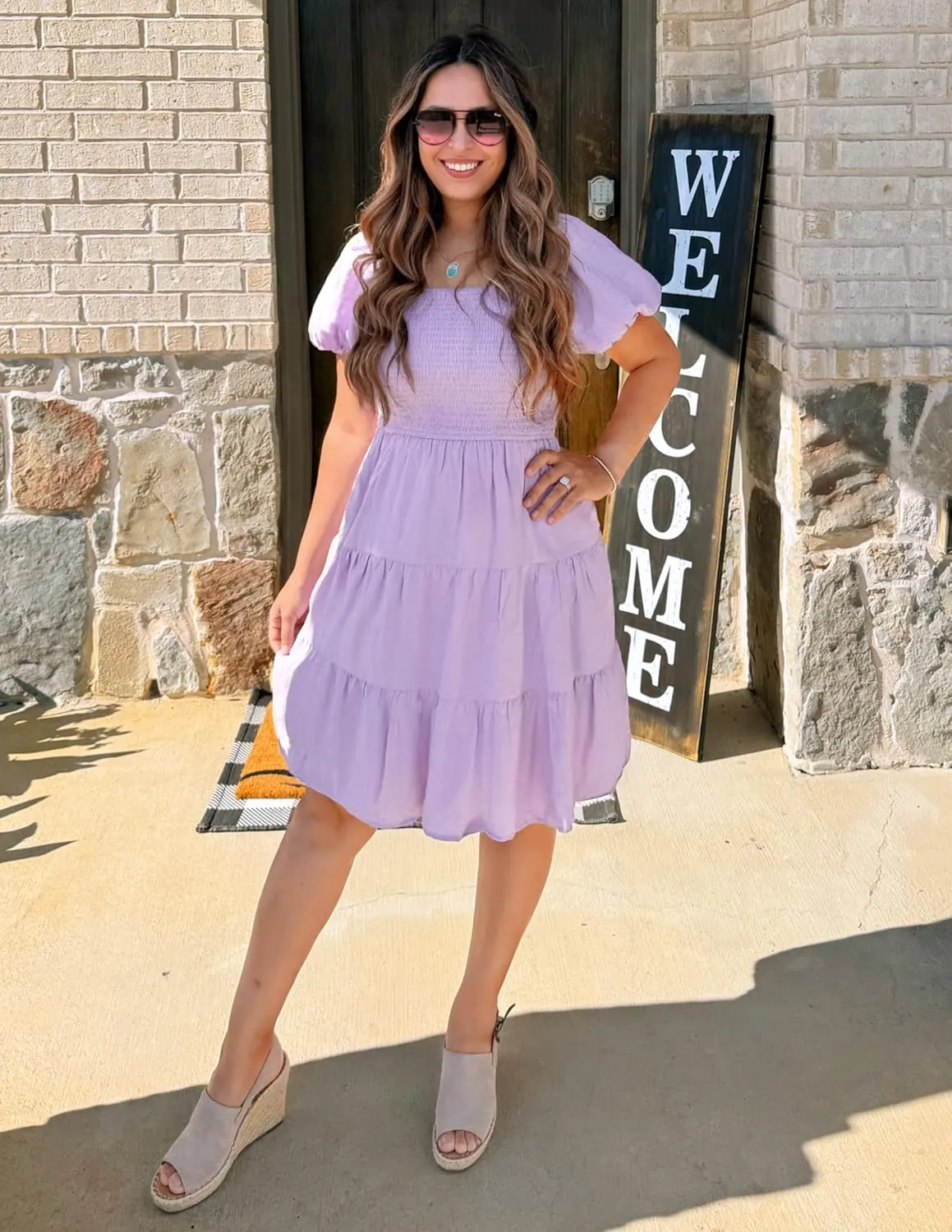 ZESICA Women's Boho 2025 Summer Square Neck Puff Sleeve Off Shoulder Smocked Tiered Casual A Line Short Mini Dress