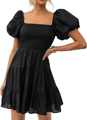 ZESICA Women's Boho 2025 Summer Square Neck Puff Sleeve Off Shoulder Smocked Tiered Casual A Line Short Mini Dress