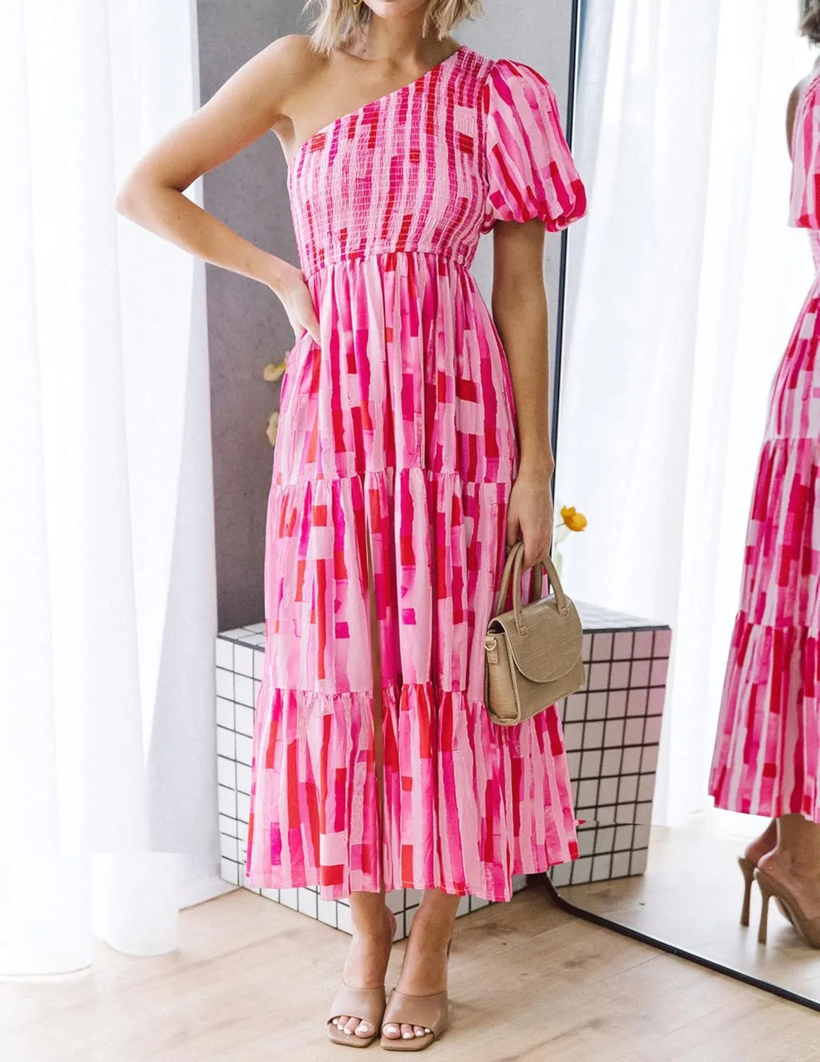 ZESICA Women's Boho Summer One Shoulder Short Sleeve Smocked Side Split Ruffle Swing Midi Dress