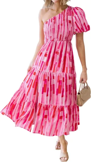 ZESICA Women's Boho Summer One Shoulder Short Sleeve Smocked Side Split Ruffle Swing Midi Dress