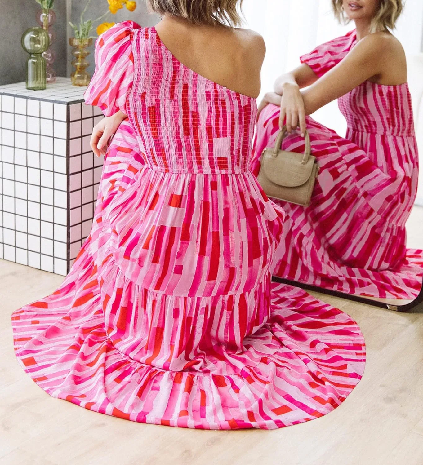 ZESICA Women's Boho Summer One Shoulder Short Sleeve Smocked Side Split Ruffle Swing Midi Dress