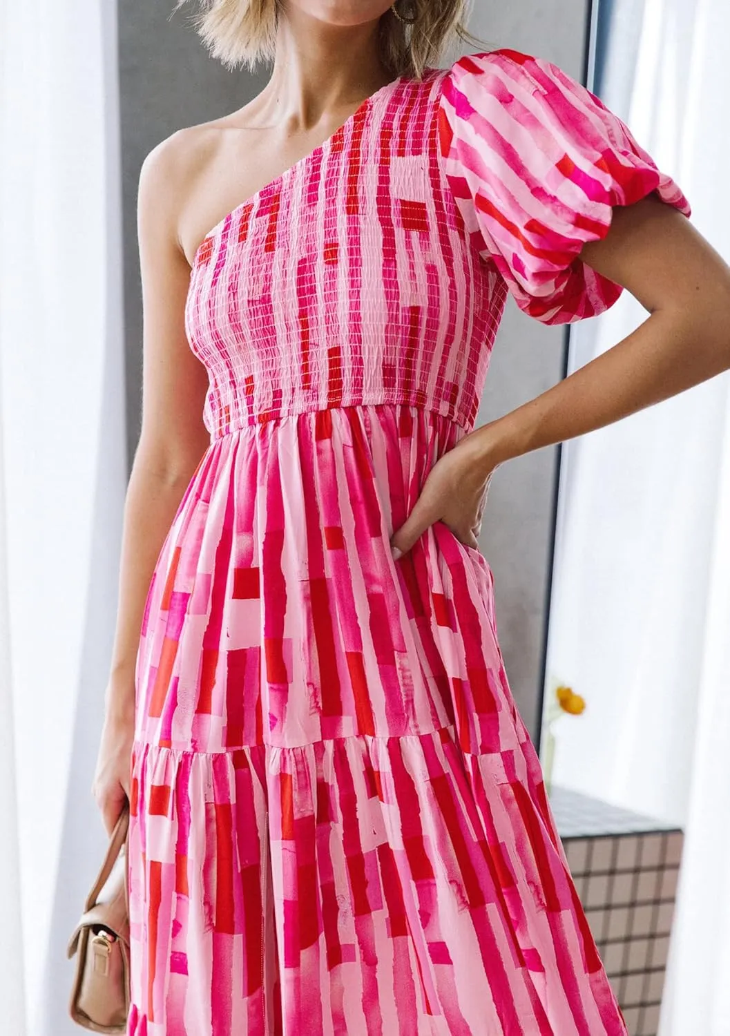 ZESICA Women's Boho Summer One Shoulder Short Sleeve Smocked Side Split Ruffle Swing Midi Dress