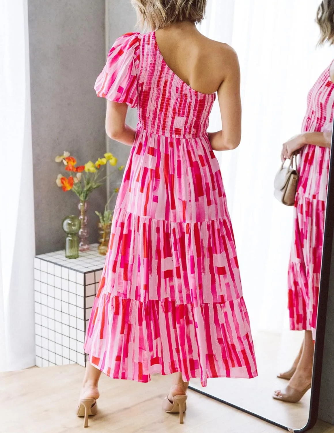 ZESICA Women's Boho Summer One Shoulder Short Sleeve Smocked Side Split Ruffle Swing Midi Dress