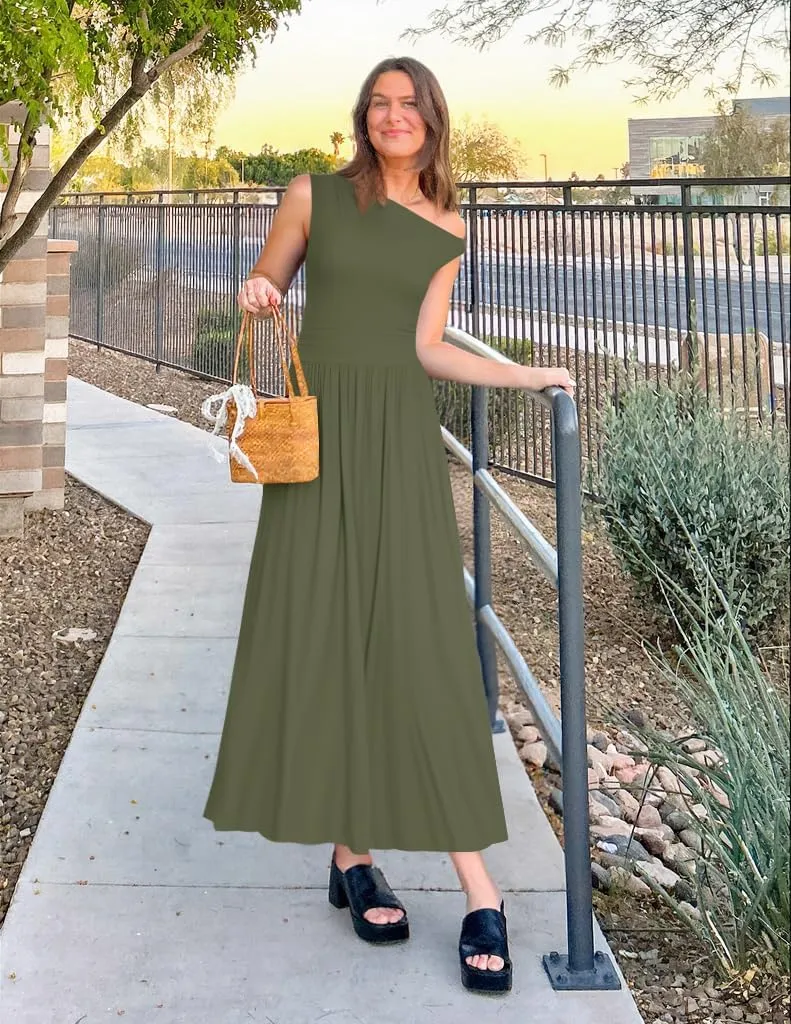 ZESICA Women's Summer 2025 Sleeveless Maxi Dress One Shoulder Casual Slim Swing Pleated Formal Dresses with Pockets