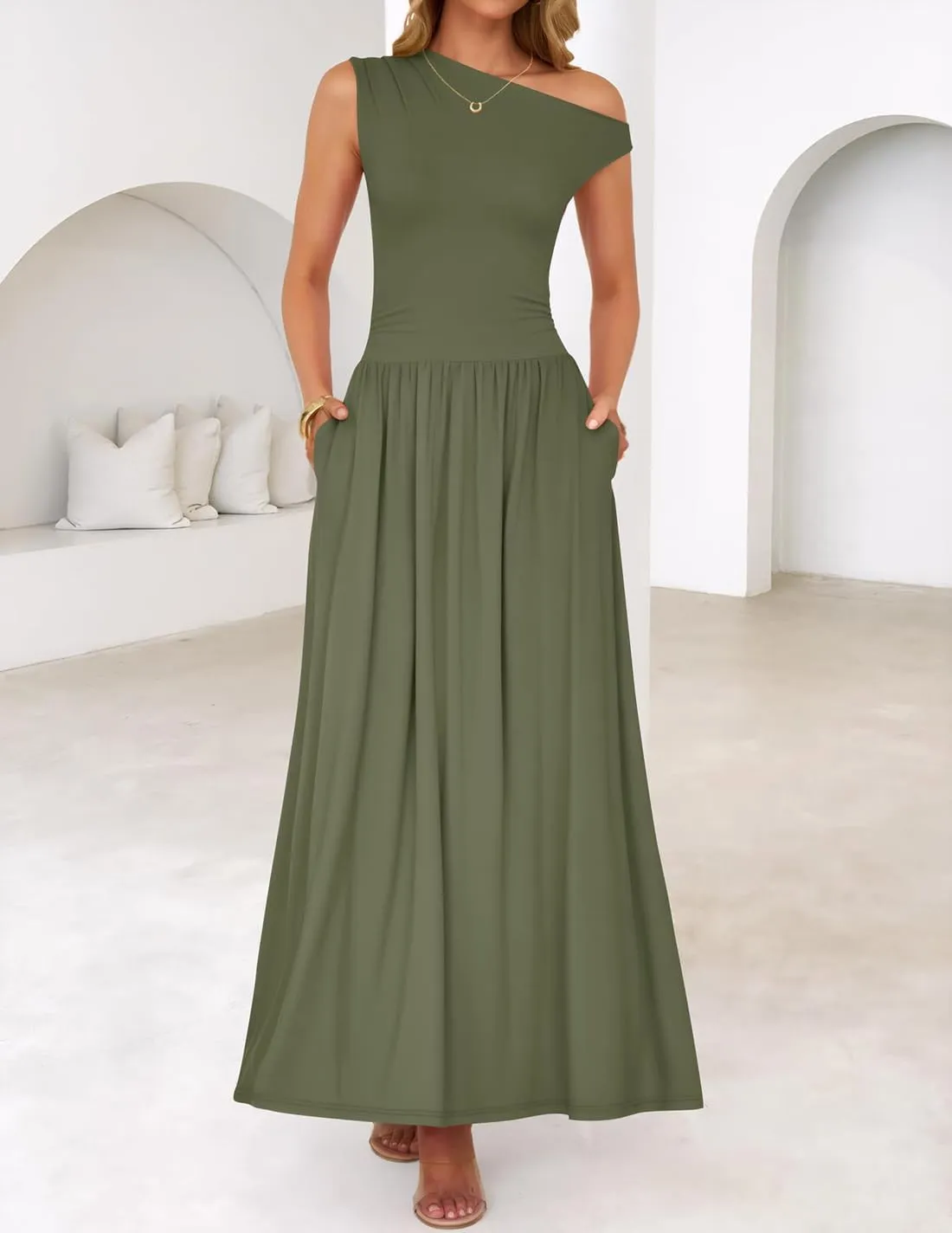 ZESICA Women's Summer 2025 Sleeveless Maxi Dress One Shoulder Casual Slim Swing Pleated Formal Dresses with Pockets