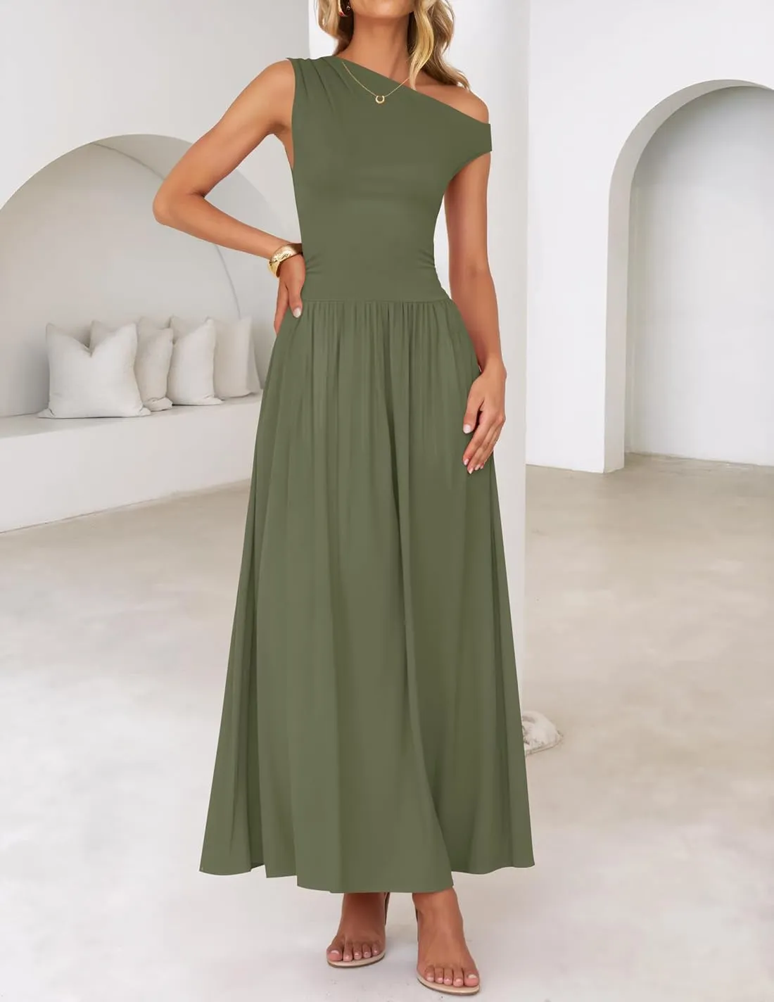 ZESICA Women's Summer 2025 Sleeveless Maxi Dress One Shoulder Casual Slim Swing Pleated Formal Dresses with Pockets