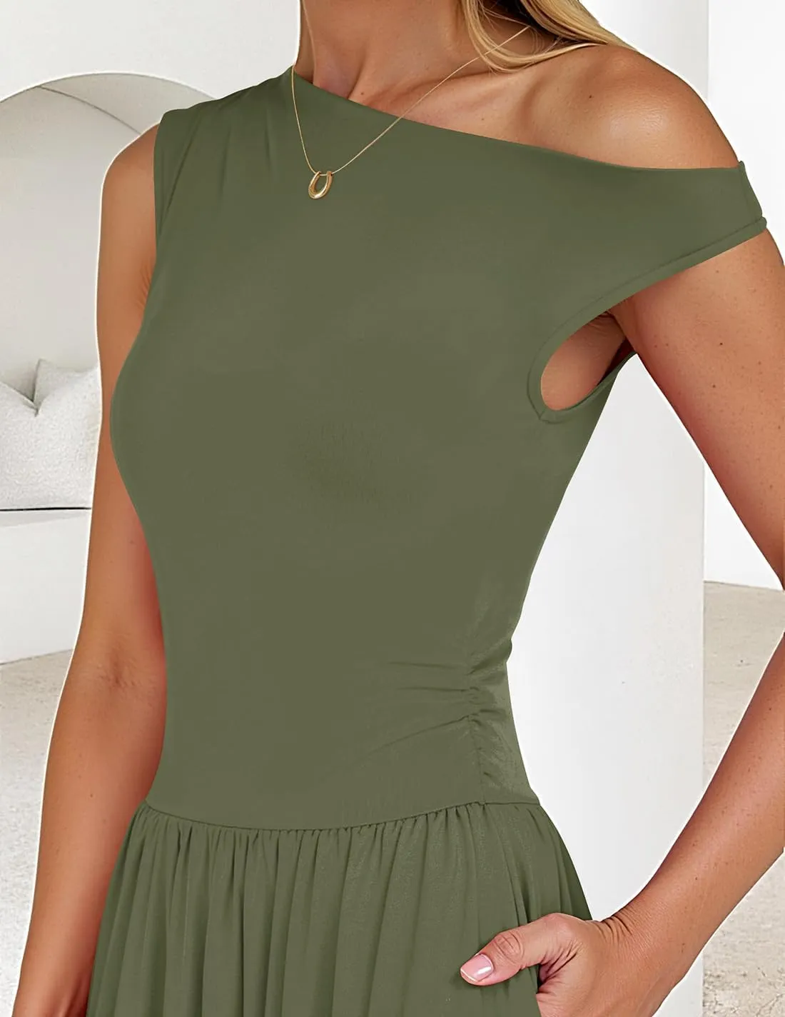 ZESICA Women's Summer 2025 Sleeveless Maxi Dress One Shoulder Casual Slim Swing Pleated Formal Dresses with Pockets