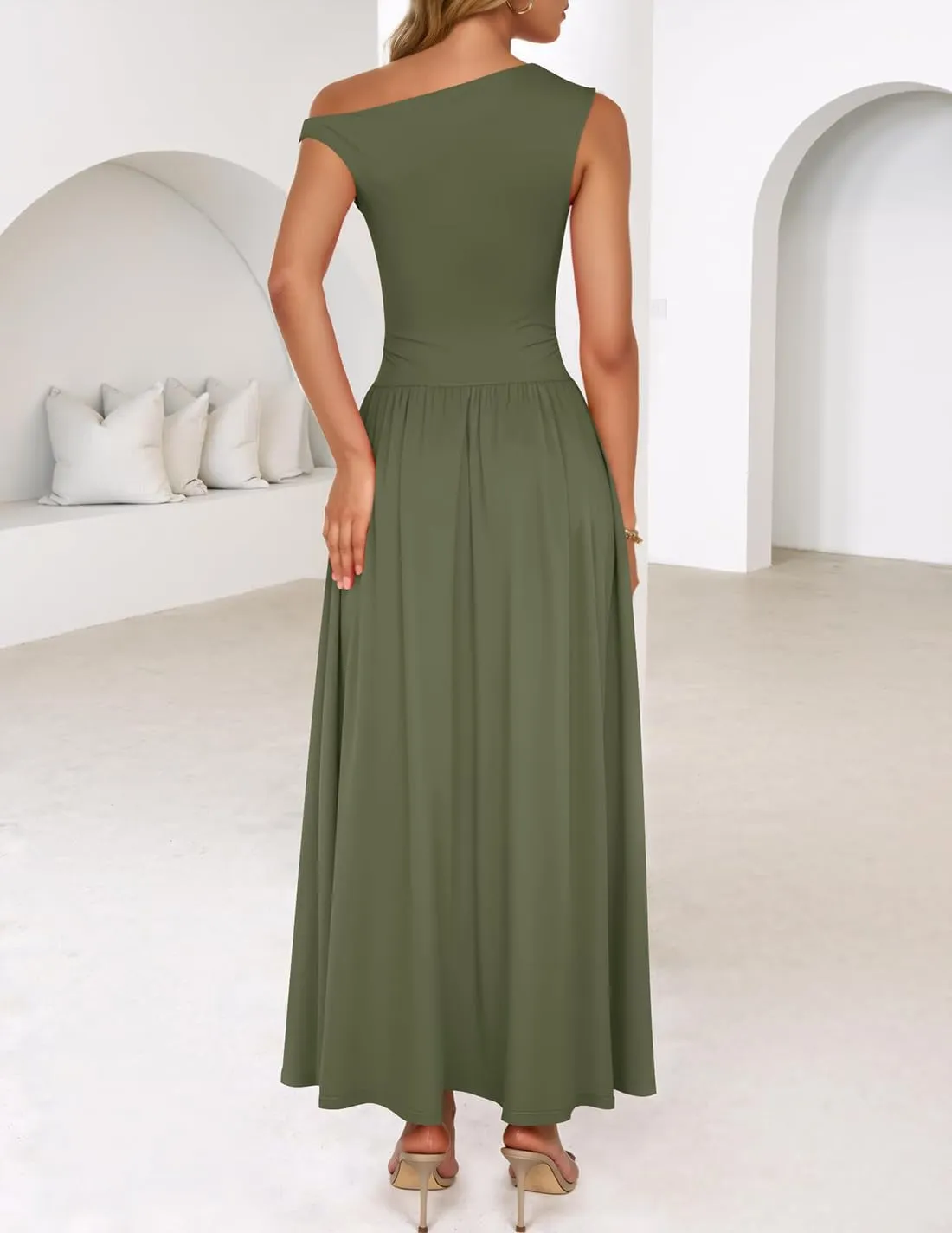 ZESICA Women's Summer 2025 Sleeveless Maxi Dress One Shoulder Casual Slim Swing Pleated Formal Dresses with Pockets