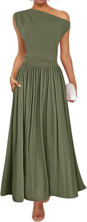 ZESICA Women's Summer 2025 Sleeveless Maxi Dress One Shoulder Casual Slim Swing Pleated Formal Dresses with Pockets