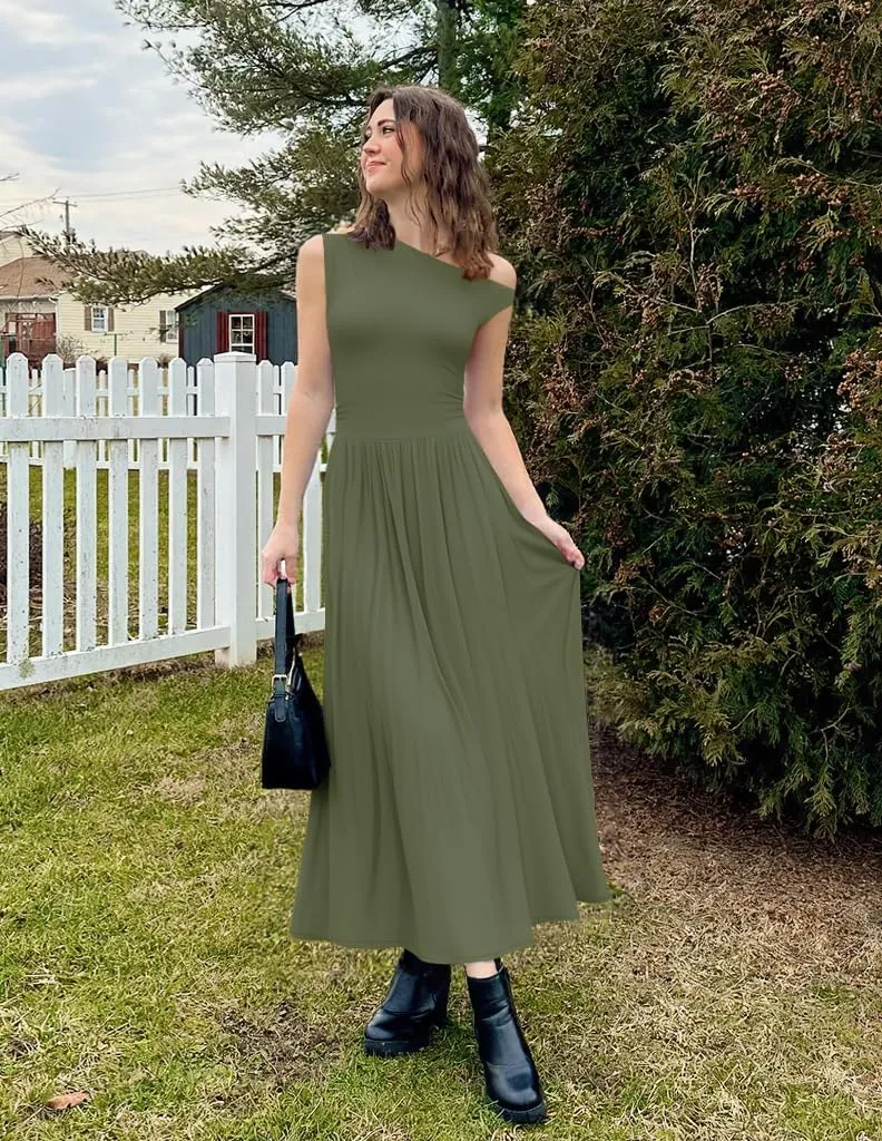ZESICA Women's Summer 2025 Sleeveless Maxi Dress One Shoulder Casual Slim Swing Pleated Formal Dresses with Pockets