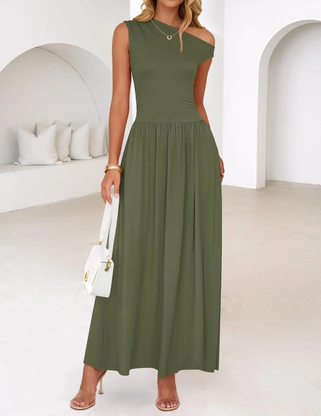 ZESICA Women's Summer 2025 Sleeveless Maxi Dress One Shoulder Casual Slim Swing Pleated Formal Dresses with Pockets