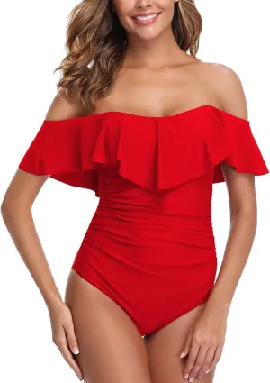 ZINPRETTY Womens Retro One Piece Bathing Suit Tummy Control Off Shoulder Swimsuit Flounce Ruffled Monokini Full Coverage