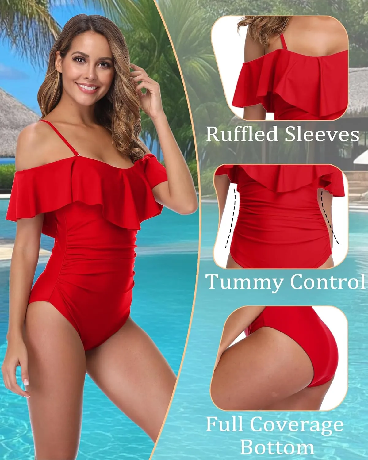 ZINPRETTY Womens Retro One Piece Bathing Suit Tummy Control Off Shoulder Swimsuit Flounce Ruffled Monokini Full Coverage