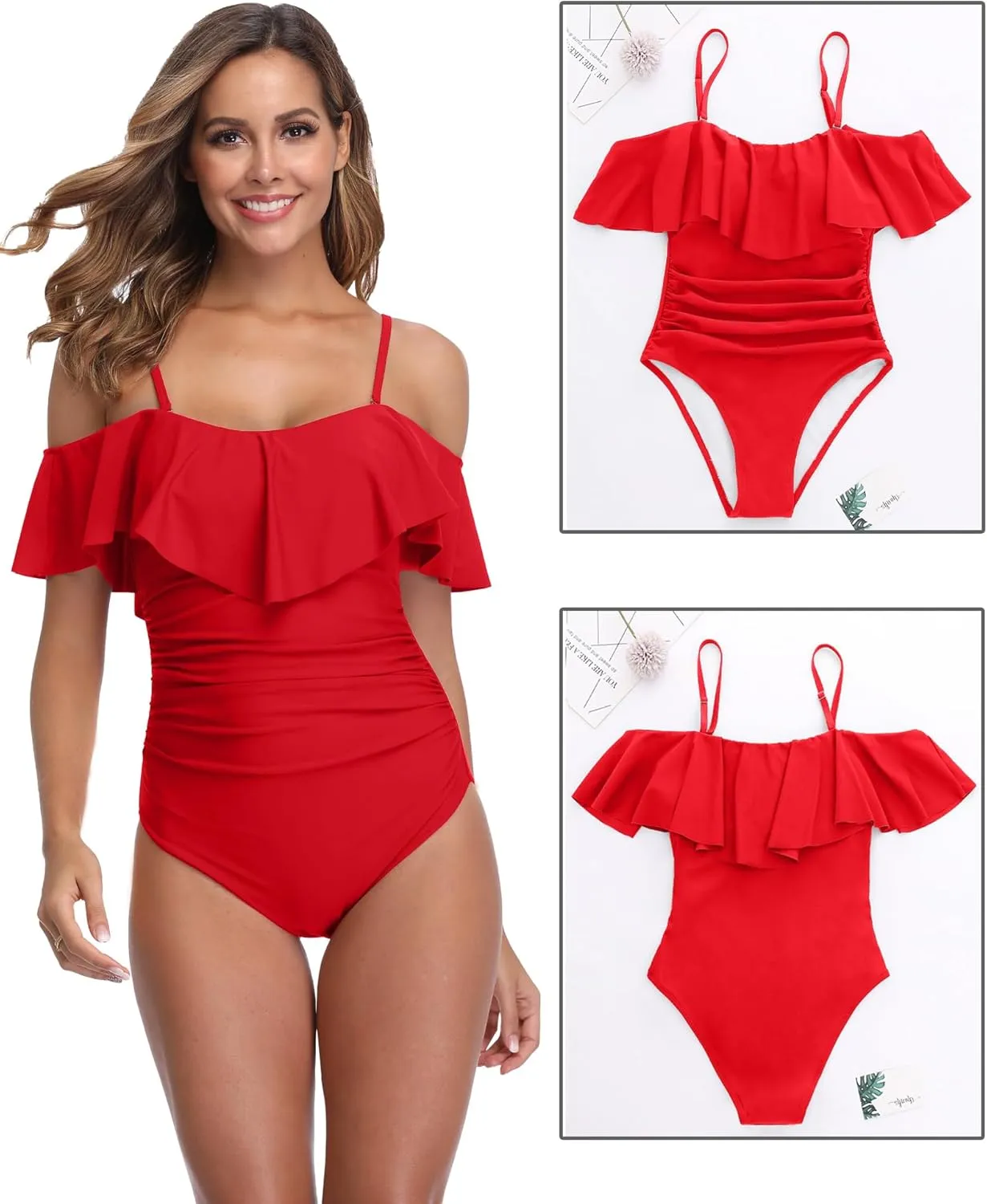 ZINPRETTY Womens Retro One Piece Bathing Suit Tummy Control Off Shoulder Swimsuit Flounce Ruffled Monokini Full Coverage