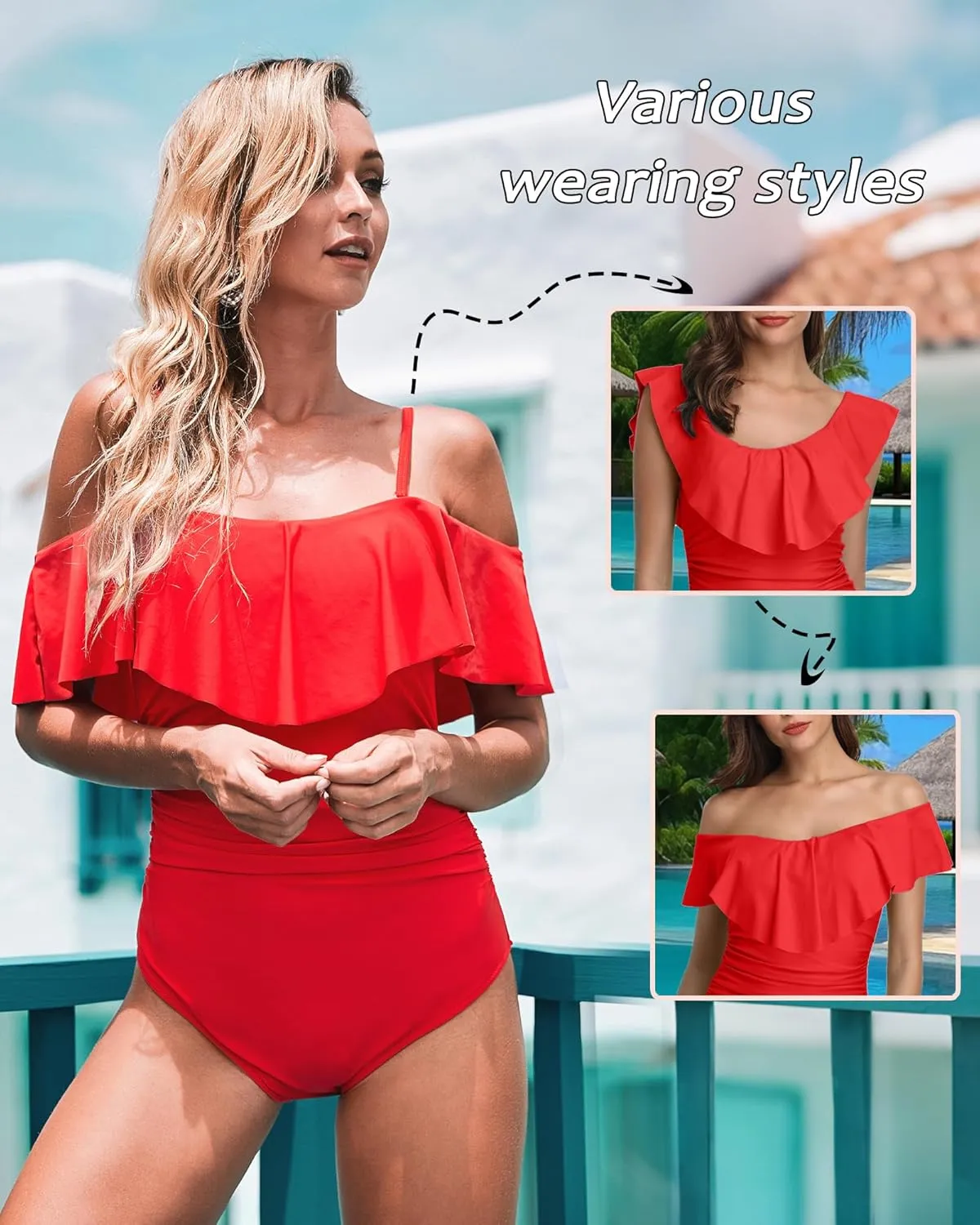 ZINPRETTY Womens Retro One Piece Bathing Suit Tummy Control Off Shoulder Swimsuit Flounce Ruffled Monokini Full Coverage