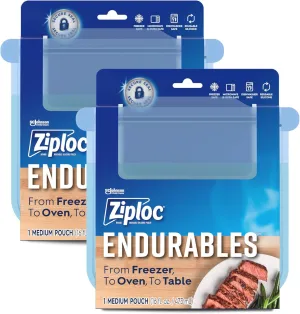 Ziploc Endurables Medium Pouch, 2 Cups, Reusable Silicone Bags and Food Storage Meal Prep Containers for Freezer, Oven, and Microwave, Dishwasher Safe, 2 Pack